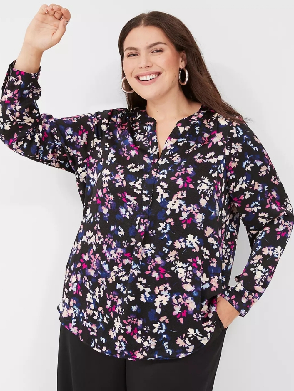 Lane Bryant Satin Pink & Blue Floral Ruched Shoulder Long Sleeve Blouse, Size 14